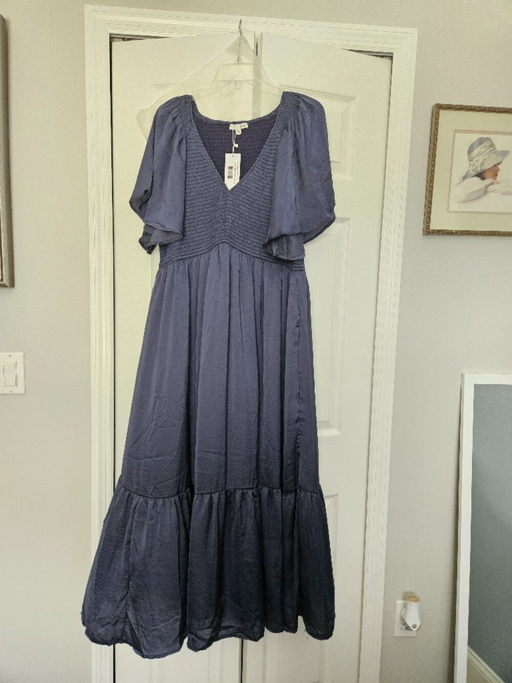 Blue V-Neck Midi Dress with Draped Sleeves and Scrunched Bust